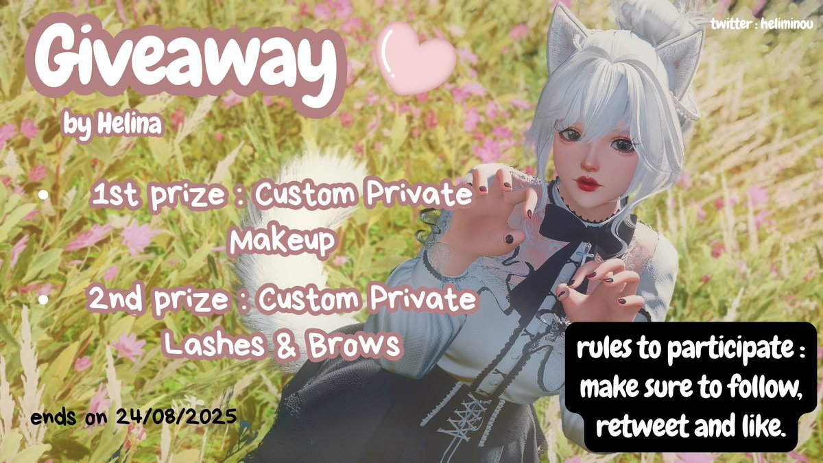 ⋆˙⟡ GIVEAWAY ♡

Win a custom private makeup or custom private lashes &amp; brows.

- 1st prize: Full Makeup  
- 2nd prize: Lashes + Brows  

To enter:
♡ Follow  
♡ Retweet  
♡ Like
♡ Bonus entry if you tag a friend

♡ Ends August 24th. Good luck! ♡

#ffxivmods #HelinaMods