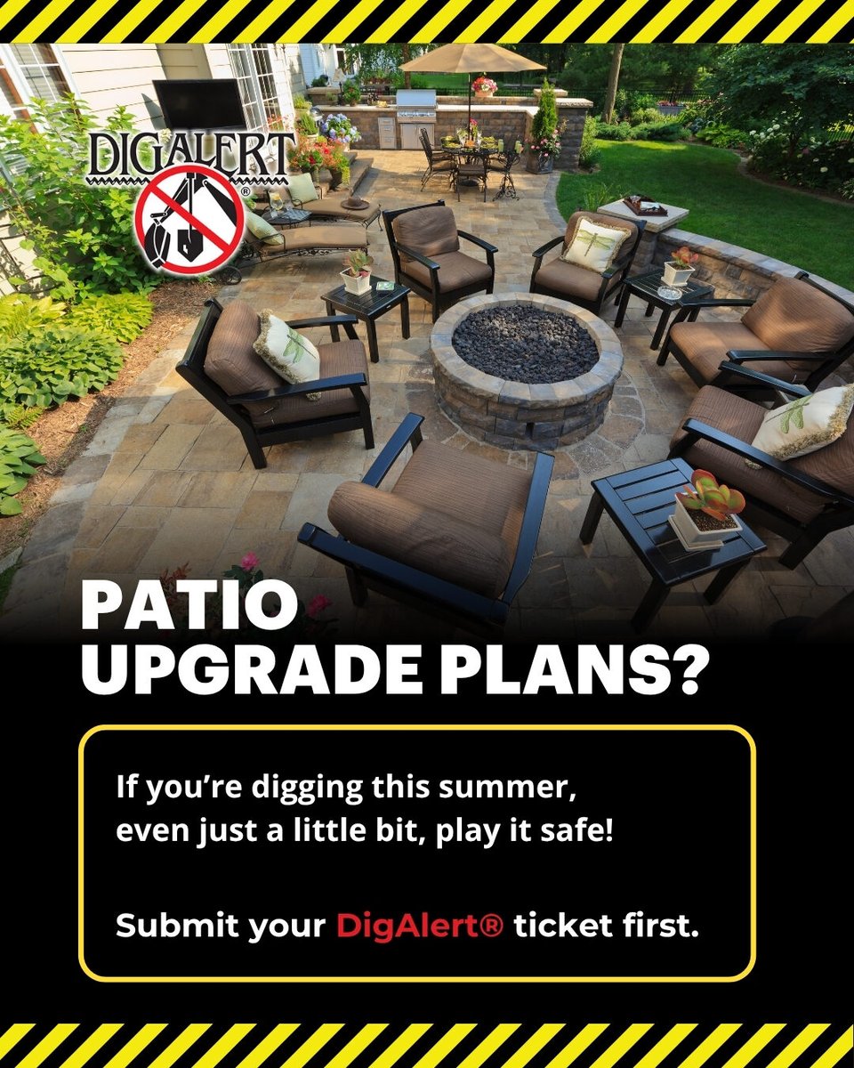 DigAlert's tweet image. 🧱 Patio Upgrade Plans?
If you’re digging this summer, even just a little bit, play it safe!
Submit your DigAlert® ticket first.
🔗 direct.digalert.org
#BackyardUpgrades #DigSafe #811Awareness