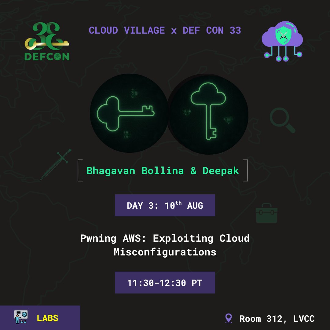 cloudvillage_dc's tweet image. 🚨 Don’t miss Bhagavan Bollina &amp;amp; Deepak at Cloud Village Attack Labs @defcon 33!
🎤 “Pwning AWS: Exploiting Cloud Misconfigurations”
📍 Room 312, LVCC
🗓️ Aug 10 | 🕦 11:30 AM–12:30 PM PT
🔗 forms.gle/pukvJvj5xoprwL…
#CloudVillage #CloudLabs #AWS #RedTeam #DEFCON33 #HackerSummerCamp