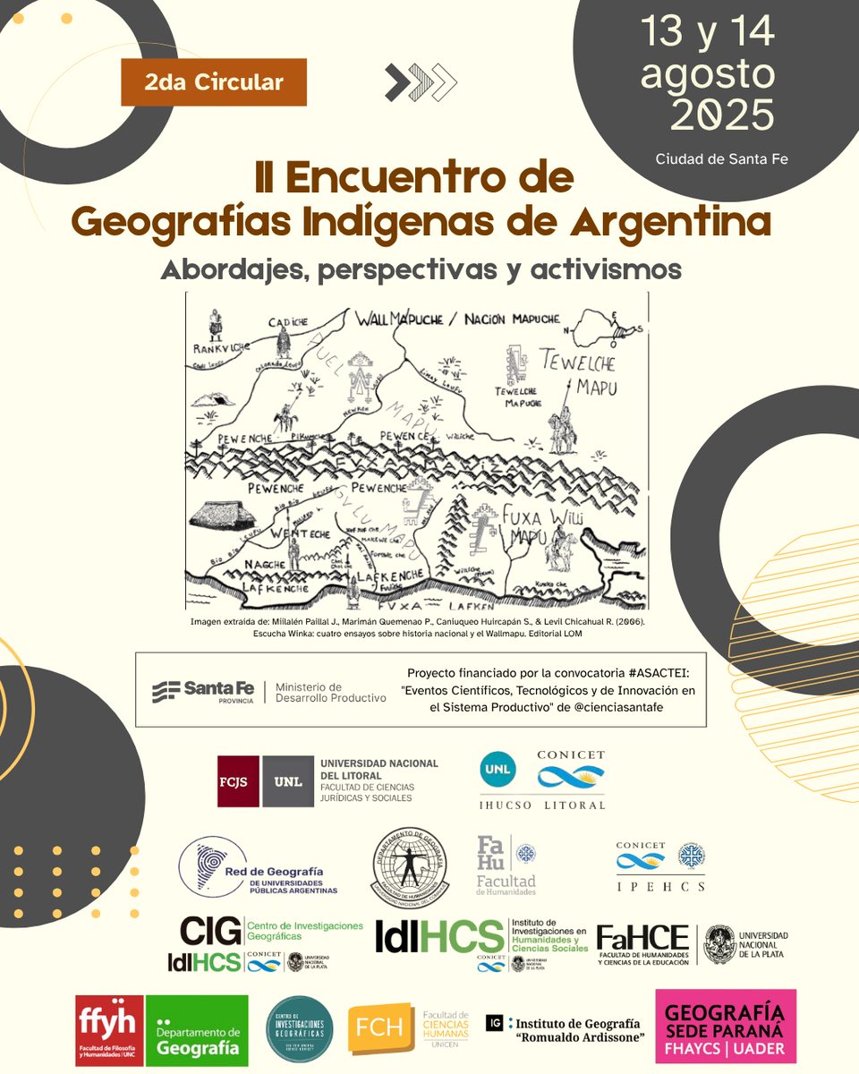 2da Circular "II Encuentro de Geografías Indígenas de Argentina" 

📅 13 y 14 de agosto
📍 IHuCSo Litoral (3er piso ISM, Ciudad Universitaria)
 
👇

ihucso.conicet.gov.ar/2da-circular-i…