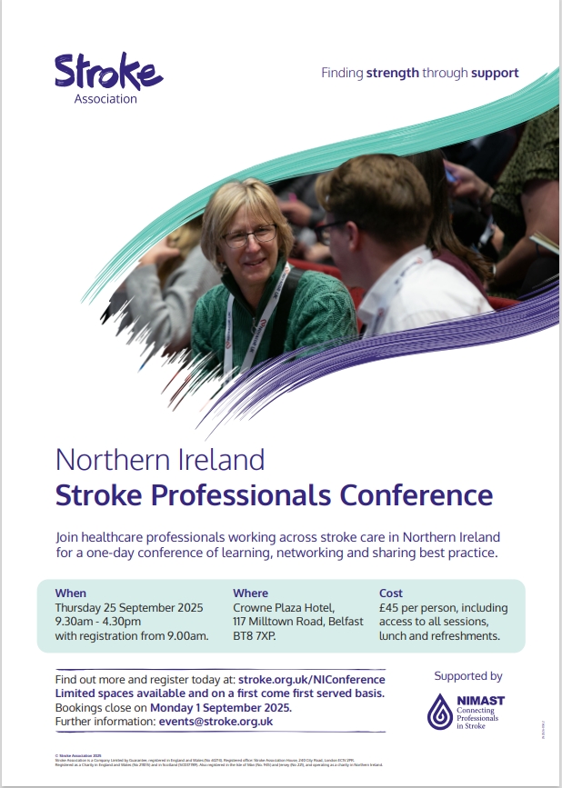 Do you work in stroke care in NI? 💜

The Stroke Association, supported by <a href="/nimastStroke/">NIMAST</a> , would like to invite you to the 2025 NI Stroke Professionals Conference. 

This is an opportunity for stroke professionals to come together to network &amp; celebrate progress in NI stroke care