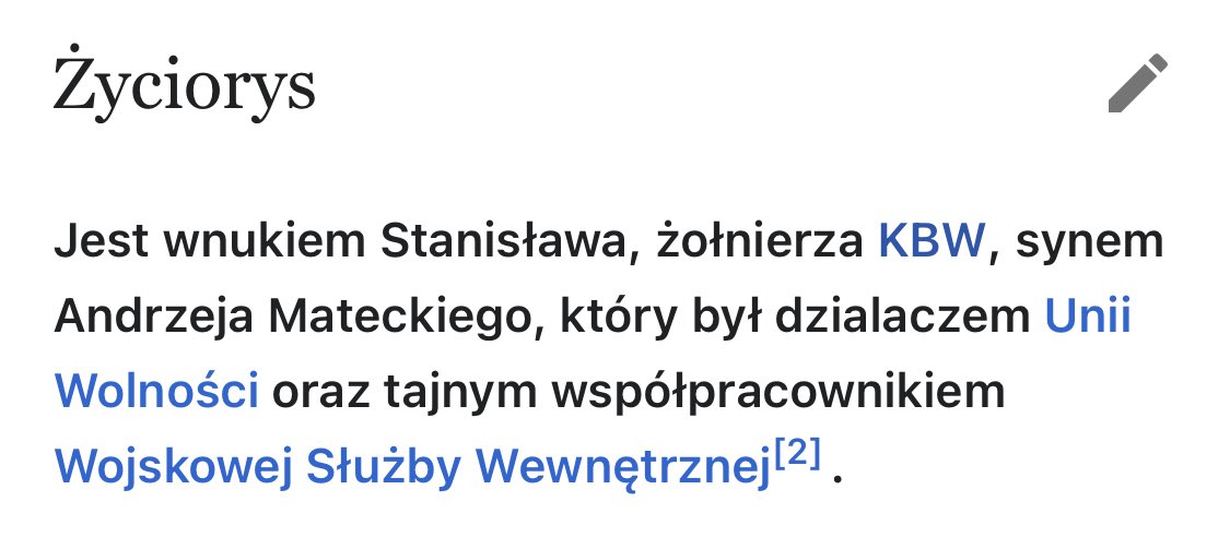 ToNiePrzejdzie (@tonieprzejdzie) on Twitter photo O, Wikipedia zaktualizowała życiorys posła PIS Dariusza Mateckiego. Okazuje się, że to co mówię od lat o ojcu <a href="/DariuszMatecki/">Dariusz Matecki</a>, Andrzeju - konfidencie SB o ps „Michu”, a później o jego dziadku Stanisławie - UBku z KBW, to jednak prawda.
Miło, ale 🧵 1/3) O, Wikipedia zaktualizowała życiorys posła PIS Dariusza Mateckiego. Okazuje się, że to co mówię od lat o ojcu <a href="/DariuszMatecki/">Dariusz Matecki</a>, Andrzeju - konfidencie SB o ps „Michu”, a później o jego dziadku Stanisławie - UBku z KBW, to jednak prawda.
Miło, ale 🧵 1/3)