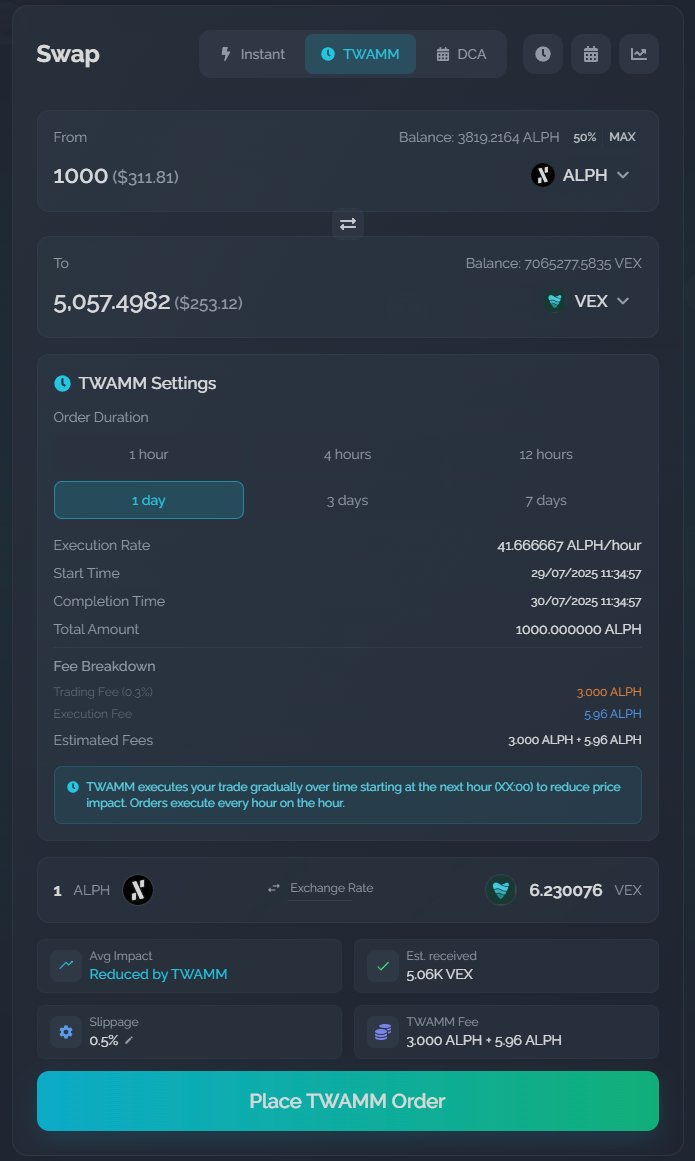 Vordex (@vordexalph) on Twitter photo 🔁 TWAMM on Vordex : The full breakdown
Vordex’s TWAMM allows you to split large swaps into smaller ones that execute over time with reduced price impact and much better execution quality.
🧠 Why TWAMM?
✔️ Lower price impact
✔️ Better average entry
✔️ Suitable for big trades or 🔁 TWAMM on Vordex : The full breakdown
Vordex’s TWAMM allows you to split large swaps into smaller ones that execute over time with reduced price impact and much better execution quality.
🧠 Why TWAMM?
✔️ Lower price impact
✔️ Better average entry
✔️ Suitable for big trades or