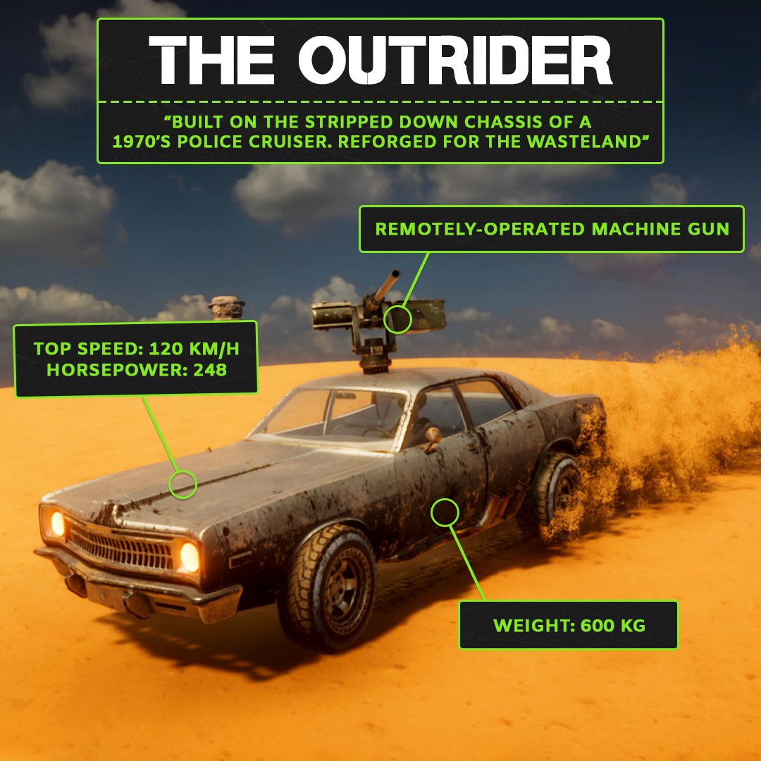 A rugged, battle-hardened Beast, built on the stripped-down chassis of a 1970s Police Cruiser.

Our playtest goes live 𝗻𝗲𝘅𝘁 𝘄𝗲𝗲𝗸, you'll be able to:
🎨 Customize your Outrider.
🔫 Shoot a lot of guns.
💣 Blow every car to pieces!