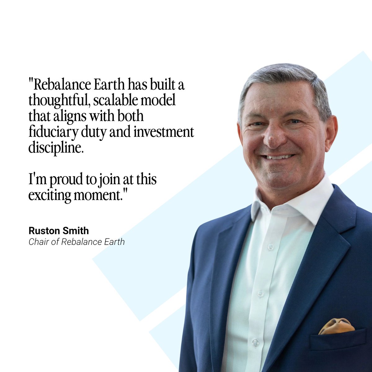 Rebalance Earth (@rebalance_earth) on Twitter photo We are pleased to announce the appointment of Ruston Smith as our Chair. 
Ruston brings over 40 years of experience including experience of chairing large pension funds, asset managers and private market companies
#naturebasedsolutions #GreenFinance #sustainability #biodiversity We are pleased to announce the appointment of Ruston Smith as our Chair. 
Ruston brings over 40 years of experience including experience of chairing large pension funds, asset managers and private market companies
#naturebasedsolutions #GreenFinance #sustainability #biodiversity