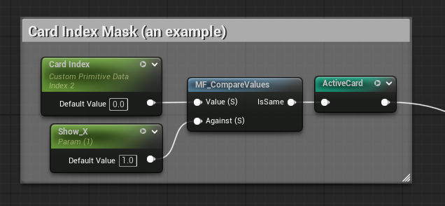 Juno_006's tweet photo. #UEFNTip #UEFN 
Wrote a simple material function for checking when two values are equal.

An example use case - can be powerful when used in combination with custom primitive data + verse to dynamically highlight/reveal something on a particular prop out of a bunch of same props, as you can set all props to use the same material instance, then simply by setting the "Show_X" value in verse - hide/show/choose/whatever something for just that one prop.