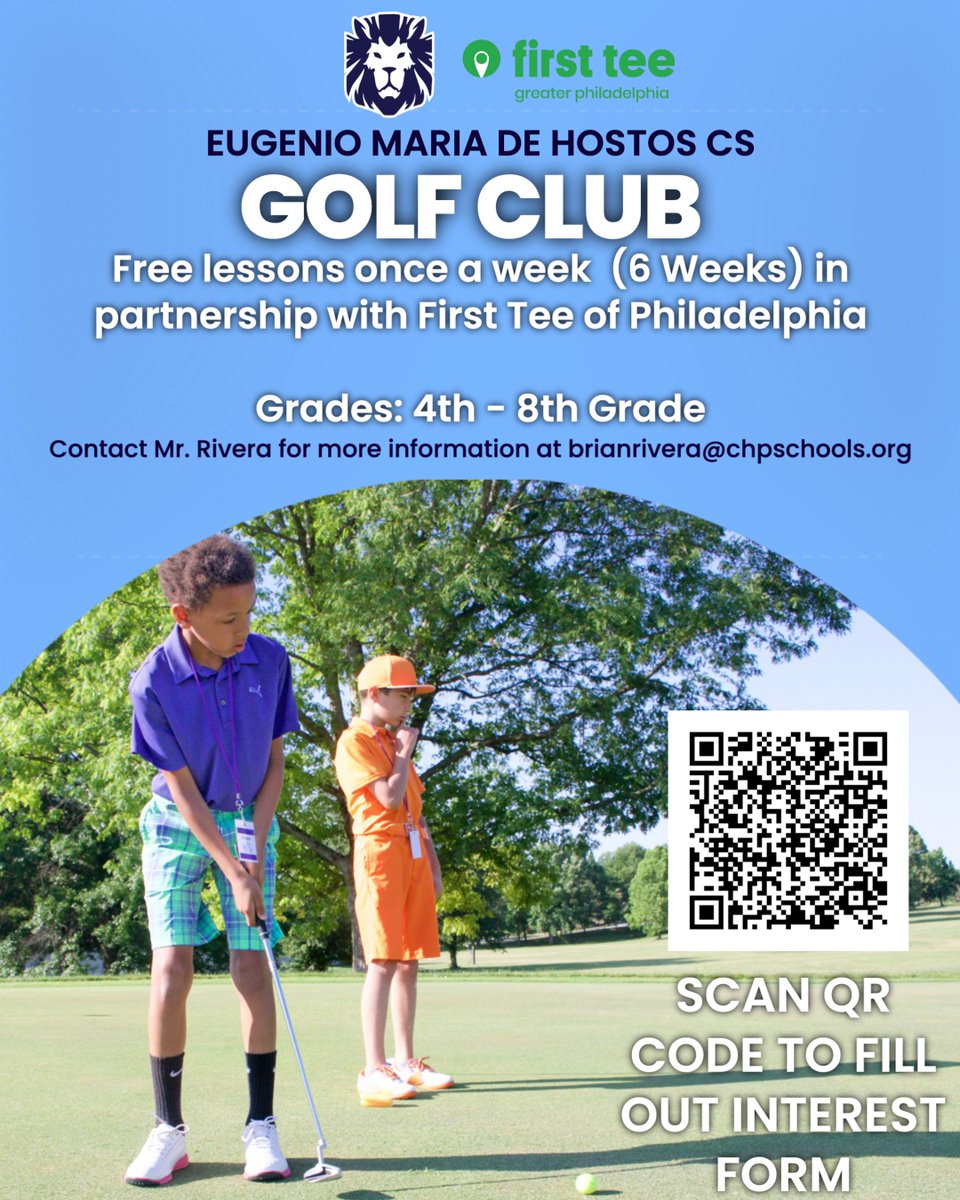 CHP Schools Athletics (@chpathletics) on Twitter photo NEW Golf program opportunity this Fall at Eugenio Maria De Hostos Charter School in partnership with the First Tee of Philadelphia.
Please scan the QR code to fill out our interest form.
<a href="/mpaasports/">MPAA Sports</a> NEW Golf program opportunity this Fall at Eugenio Maria De Hostos Charter School in partnership with the First Tee of Philadelphia.
Please scan the QR code to fill out our interest form.
<a href="/mpaasports/">MPAA Sports</a>