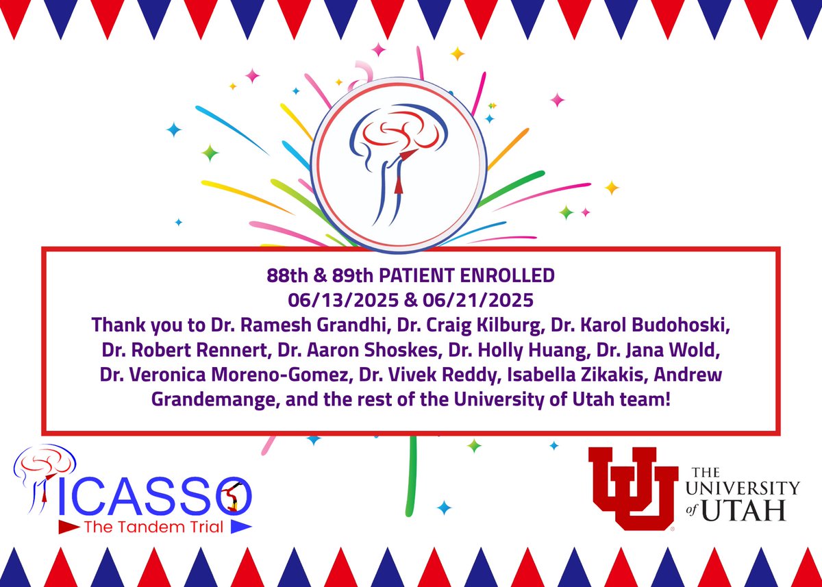PICASSO Clinical Trial (@thepicassotrial) on Twitter photo Congrats to Dr. <a href="/rgrandhi/">Ramesh Grandhi</a>, Dr. Craig Kilburg, Dr. Karol Budohoski, Dr. Robert Rennert, and the entire <a href="/UUtah/">University of Utah</a> team for enrolling the 88th & 89th patient in the #PICASSO trial! #ClinicalTrial #stroke
<a href="/oozaidat/">Osama Zaidat MD</a> <a href="/samialkasab/">Sami Al Kasab</a> <a href="/NguyenThanhMD/">Thanh Nguyen πΊπ¦</a> Congrats to Dr. <a href="/rgrandhi/">Ramesh Grandhi</a>, Dr. Craig Kilburg, Dr. Karol Budohoski, Dr. Robert Rennert, and the entire <a href="/UUtah/">University of Utah</a> team for enrolling the 88th & 89th patient in the #PICASSO trial! #ClinicalTrial #stroke
<a href="/oozaidat/">Osama Zaidat MD</a> <a href="/samialkasab/">Sami Al Kasab</a> <a href="/NguyenThanhMD/">Thanh Nguyen πΊπ¦</a>