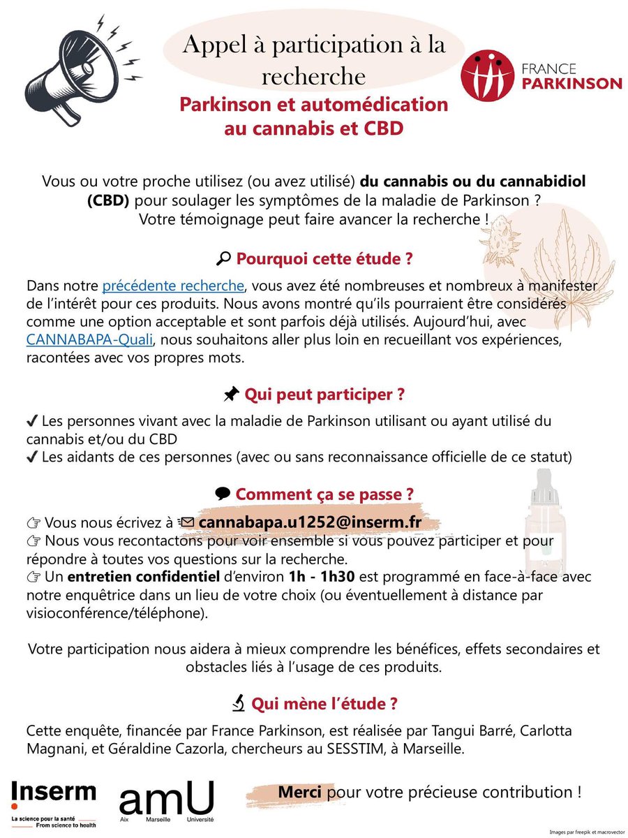 🪴N’hésitez pas à partager largement : étude sur cannabis et Parkinson !