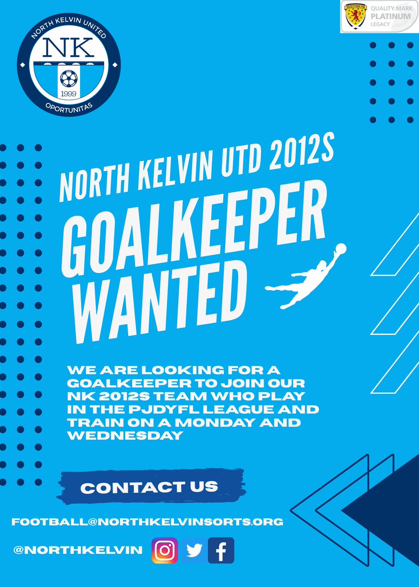 North Kelvin Sports (@northkelvin) on Twitter photo NORTH KELVIN UTD 2012S โฝ๏ธ | Our North Kelvin 2012s are looking for a goalkeeper to join their team ๐ Our 2012s play in the PJDYFL League and train on a Monday and Wednesday at North Kelvinside Primary ๐ If you are interested, please contact us: Football@northkelvinsports.org NORTH KELVIN UTD 2012S โฝ๏ธ | Our North Kelvin 2012s are looking for a goalkeeper to join their team ๐ Our 2012s play in the PJDYFL League and train on a Monday and Wednesday at North Kelvinside Primary ๐ If you are interested, please contact us: Football@northkelvinsports.org