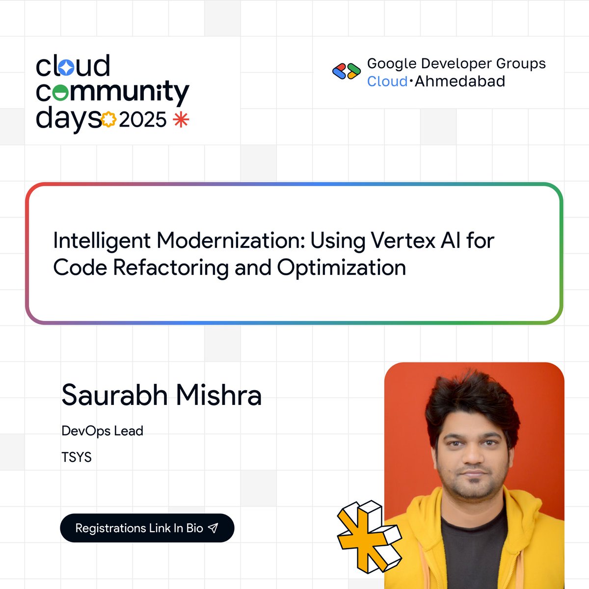 GDG Cloud Ahmedabad (@gdgcloudahm) on Twitter photo Excited to have <a href="/skmjss/">Saurabh Mishra</a> on stage at #GCCDIndia2025 Ahmedabad !
Heβll share insights on:
"Leveraging Vertex AI for Scalable Code Refactoring & Optimization"
#GccdAhm25 #GCCDIndia2025 #GoogleCloud #Ahmedabad #GDGCloudAhmedabad Excited to have <a href="/skmjss/">Saurabh Mishra</a> on stage at #GCCDIndia2025 Ahmedabad !
Heβll share insights on:
"Leveraging Vertex AI for Scalable Code Refactoring & Optimization"
#GccdAhm25 #GCCDIndia2025 #GoogleCloud #Ahmedabad #GDGCloudAhmedabad