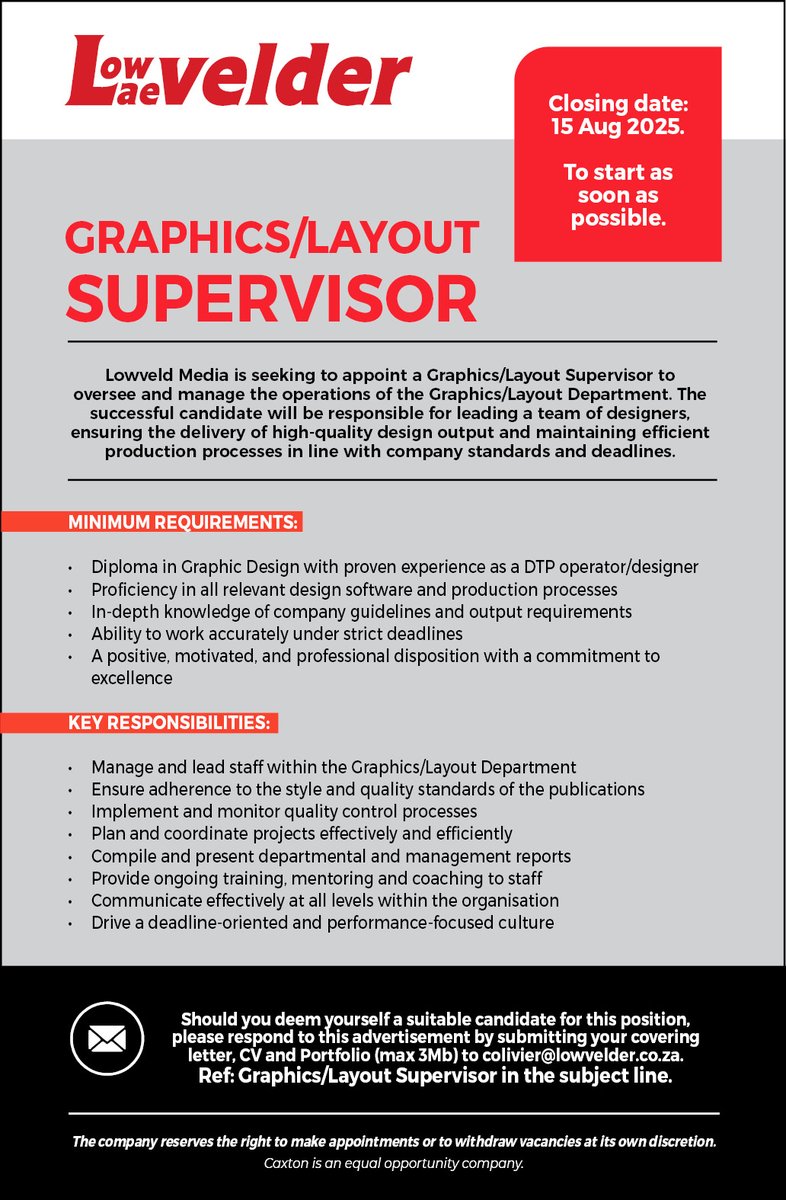 Lowvelder's tweet image. ADVERTISEMENT | Graphics/Layout Supervisor Wanted Lowveld Media is seeking to appoint a Graphics/Layout Supervisor to oversee and manage the operations of its Graphics/Layout Department. #Lowveldmedia #graphics #layoutdesign #vacancygraphicdesigner #LeadTheTeam #vacancy