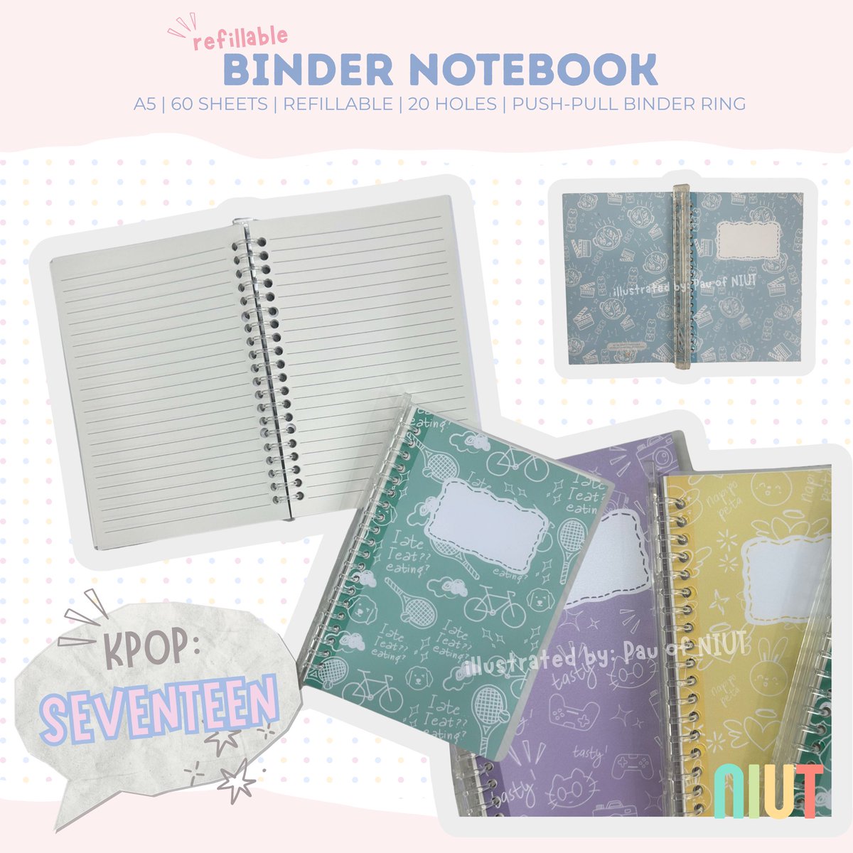 helloniut's tweet photo. CARATs, get ready! 💎 Our new refillable A5 binder notebooks are here! Choose from a variety of cute covers illustrated by NIUT. Perfect for school or journaling! 💙🩷 

Get yours here: https://t.co/VnuffoJpZ8

#seventeen #kpop #stationery #carat #seventeenkpop #journaling https://t.co/cAVZ1yaWt0