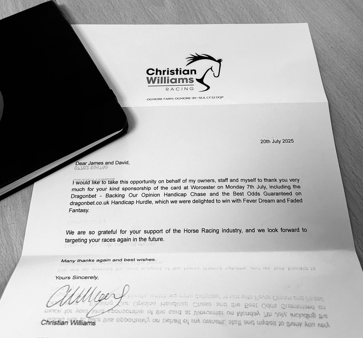 DragonBetWales's tweet image. Lovely touch from @CWilliamsRacing to send a thank you letter for sponsoring on the day he had a double @WorcesterRaces
Diolch
#TouchOfClass #TheWelshWizard
