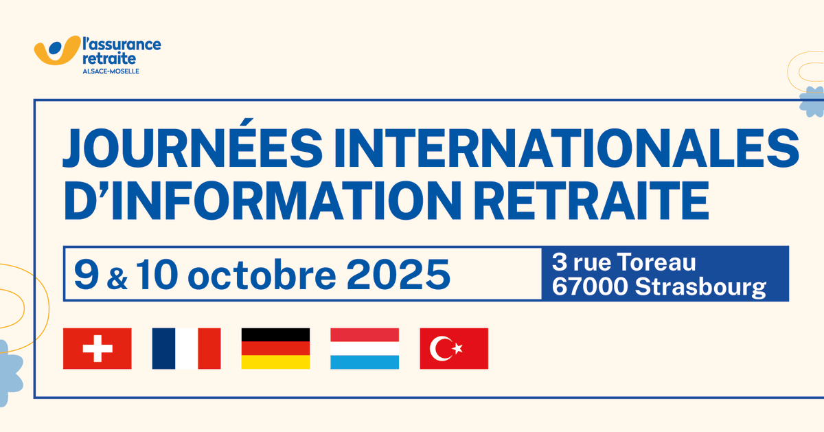 👋Vous avez travaillé en France et en Allemagne, en Suisse ou au Luxembourg ? Bonne nouvelle ! 
La <a href="/Carsat_AM/">Carsat Alsace-Moselle</a> organise les 9 et 10 octobre à Strasbourg des RDV avec des conseillers de ces pays 
et l'<a href="/AgircArrco/">Agirc-Arrco</a> 📢Inscrivez-vous dès maintenant 👉smartagenda.fr/pro/carsat-am/…