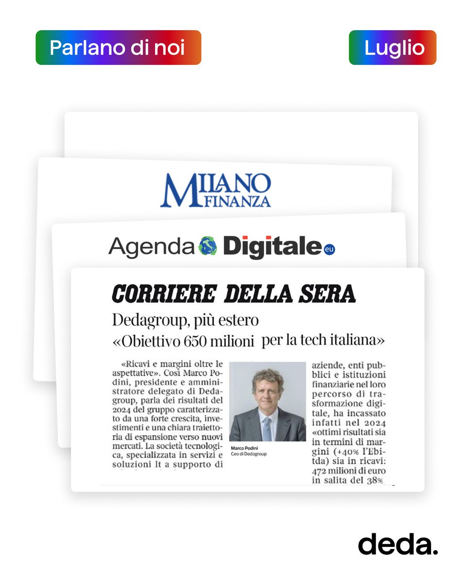 Deda Group (@dedagroup_ict) on Twitter photo 📰 Deda nella stampa di luglio. Ti sei perso gli articoli più importanti? Ecco gli highlights:
✔️ <a href="/Corriere/">Corriere della Sera</a>: Marco Podini spiega la crescita di Deda
✔️ <a href="/Agenda_Digitale/">AgendaDigitale.eu</a>: snellire la PA con contratti pubblici digitali
✔️ <a href="/classcnbc/">Class CNBC</a>: l’AI deve restare umana
👉 Leggi gli 📰 Deda nella stampa di luglio. Ti sei perso gli articoli più importanti? Ecco gli highlights:
✔️ <a href="/Corriere/">Corriere della Sera</a>: Marco Podini spiega la crescita di Deda
✔️ <a href="/Agenda_Digitale/">AgendaDigitale.eu</a>: snellire la PA con contratti pubblici digitali
✔️ <a href="/classcnbc/">Class CNBC</a>: l’AI deve restare umana
👉 Leggi gli