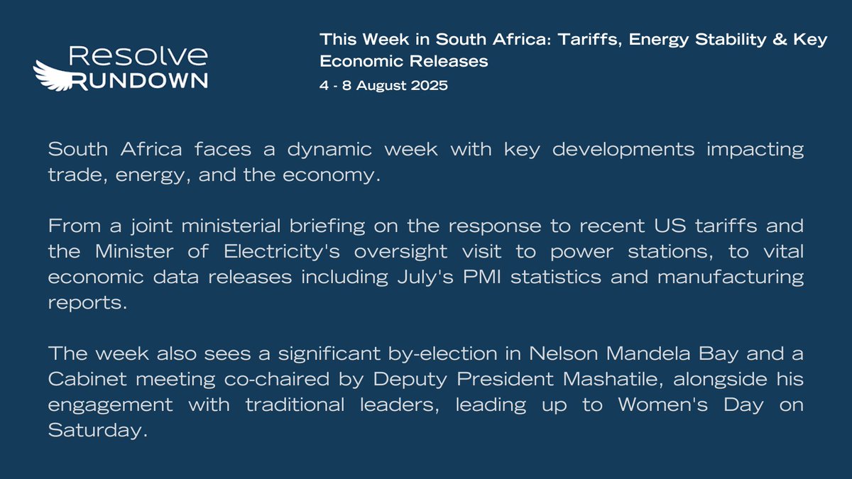 SA's week ahead: US tariff aftermath, Eskom oversight, a key by-election &amp; major economic data ahead. Don't miss the full rundown!

🔗Read: resolvecommunications.co.za/resolve-rundow…

#SouthAfrica  #Economy #Eskom