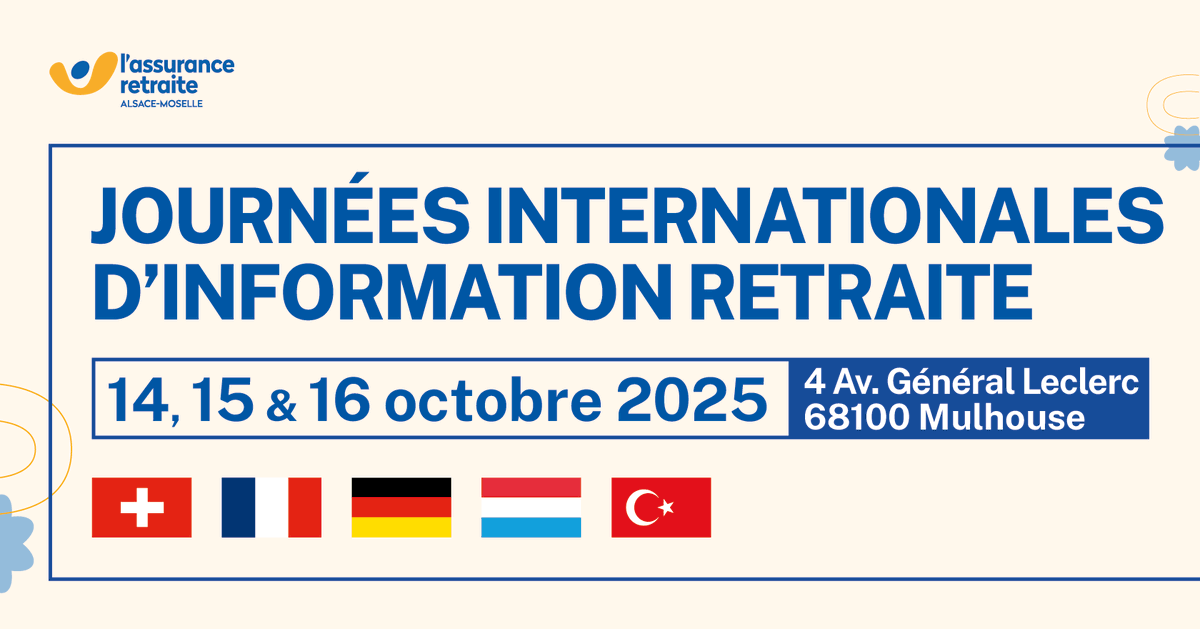 👋Vous avez travaillé en France et en Allemagne, en Suisse ou au Luxembourg ? Bonne nouvelle ! La <a href="/Carsat_AM/">Carsat Alsace-Moselle</a> organise les 14, 15 et 16 octobre à Mulhouse des RDV avec des conseillers de ces pays et l'<a href="/AgircArrco/">Agirc-Arrco</a> 📢Inscrivez-vous dès maintenant 👉smartagenda.fr/pro/carsat-am/…