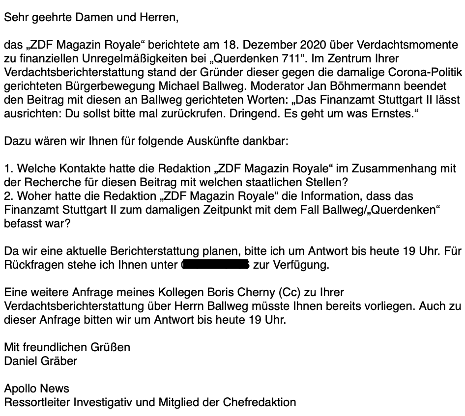 Welche Rolle spielte Jan Böhmermann im Justizskandal um Querdenken-Gründer Michael Ballweg? Diese Anfrage an das <a href="/ZDF/">ZDF</a> ist eben raus. Mehr dazu morgen früh bei <a href="/apollo_news_de/">Apollo News</a>.