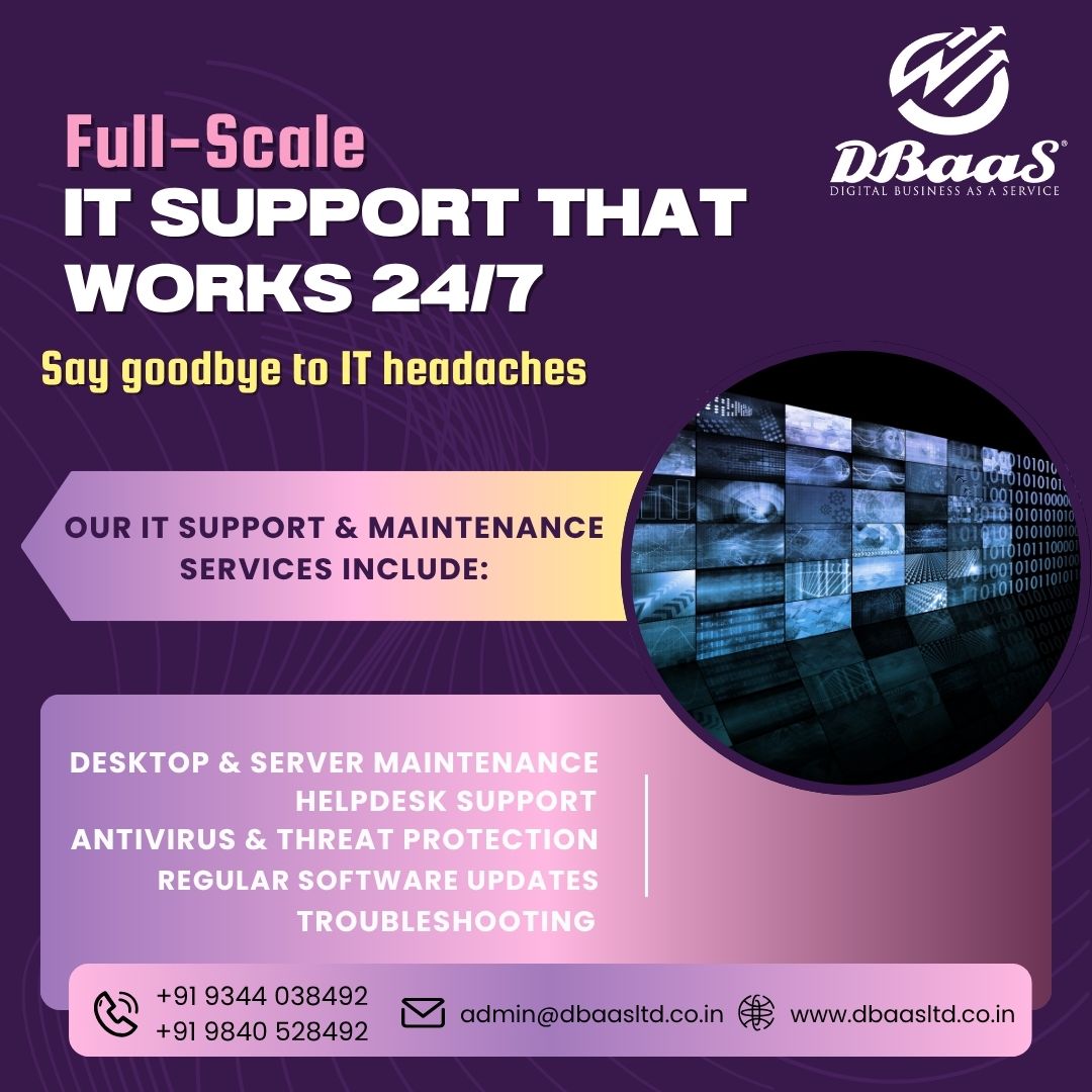 Say Goodbye to IT headaches
Our IT Support &amp; Maintenance Services works 24/7
Contact or email us:-
📧dbaasltd.co.in
📱+91 93440 38492
📩admin@dbaasltd.co.in

Fill this form to reach out us:
lnkd.in/d62YZiba
.
.
.#itservicemanagement #itservices #it