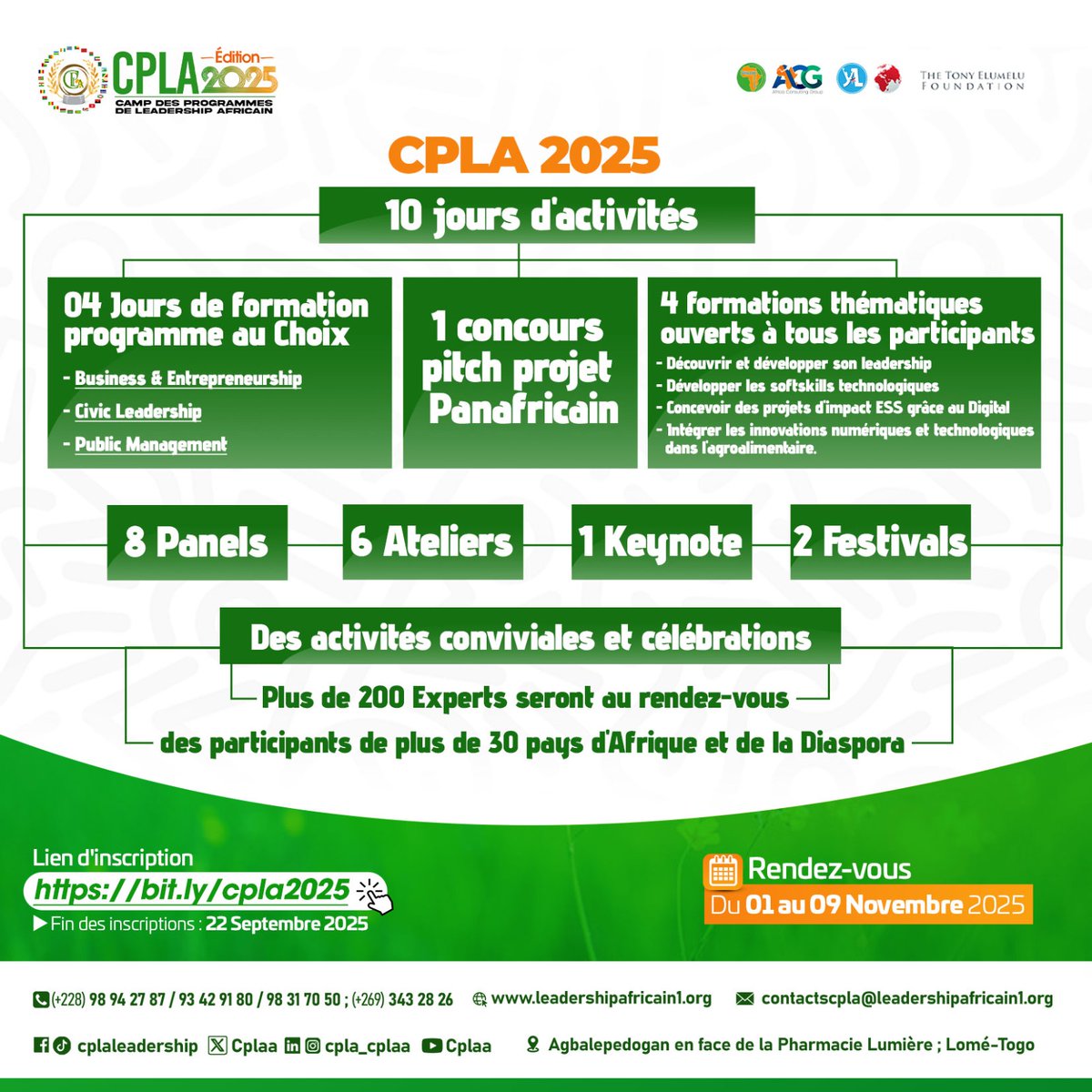 Tu as un projet ? Le CPLA 2025 est ta chance pour le faire grandir ! Inscris-toi dès maintenant.

#CPLA2025 #Togo