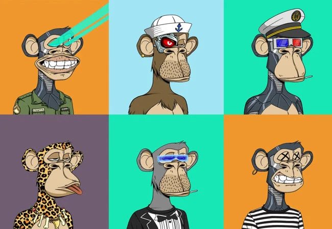 A grid of various NFT monkey characters with unique traits and accessories