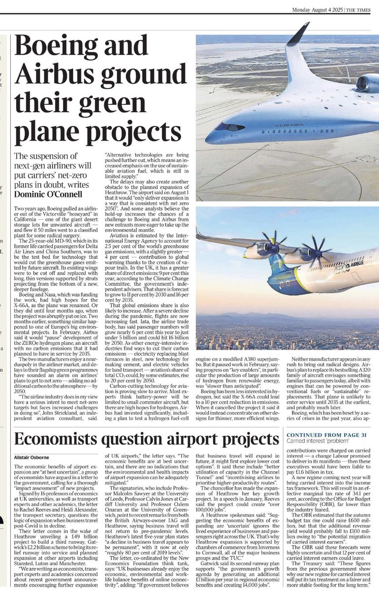 NoR3Coalition (@nor3coalition) on Twitter photo Two aviation stories on the same page in today’s <a href="/thetimes/">The Times and The Sunday Times</a>:
Boeing and Airbus halt green plane projects (which could mean major obstacles for Heathrow expansion)
Economists, transport experts and other academics, write to Government questioning benefits of Heathrow expansion ⬇️ Two aviation stories on the same page in today’s <a href="/thetimes/">The Times and The Sunday Times</a>:
Boeing and Airbus halt green plane projects (which could mean major obstacles for Heathrow expansion)
Economists, transport experts and other academics, write to Government questioning benefits of Heathrow expansion ⬇️