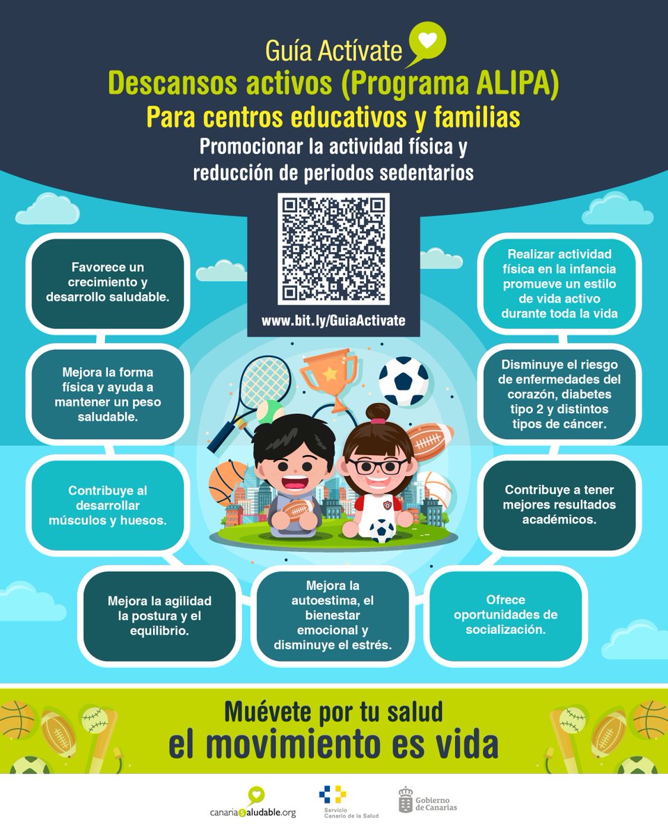 #GuíaActívate ⚽️🎾

La Guía Actívate, Descansos activos para Educación Primaria, tiene el objetivo de facilitar actividades cortas que permitan al alumnado hacer descansos activos de forma divertida en el aula durante horario lectivo.

Más información en:

bit.ly/GuiaActivate