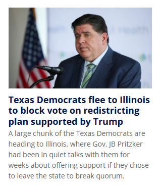 The idea that Texas Democrats would flee to Illinois, a state where Dems have abused gerrymandering to comical levels, is perfection.
