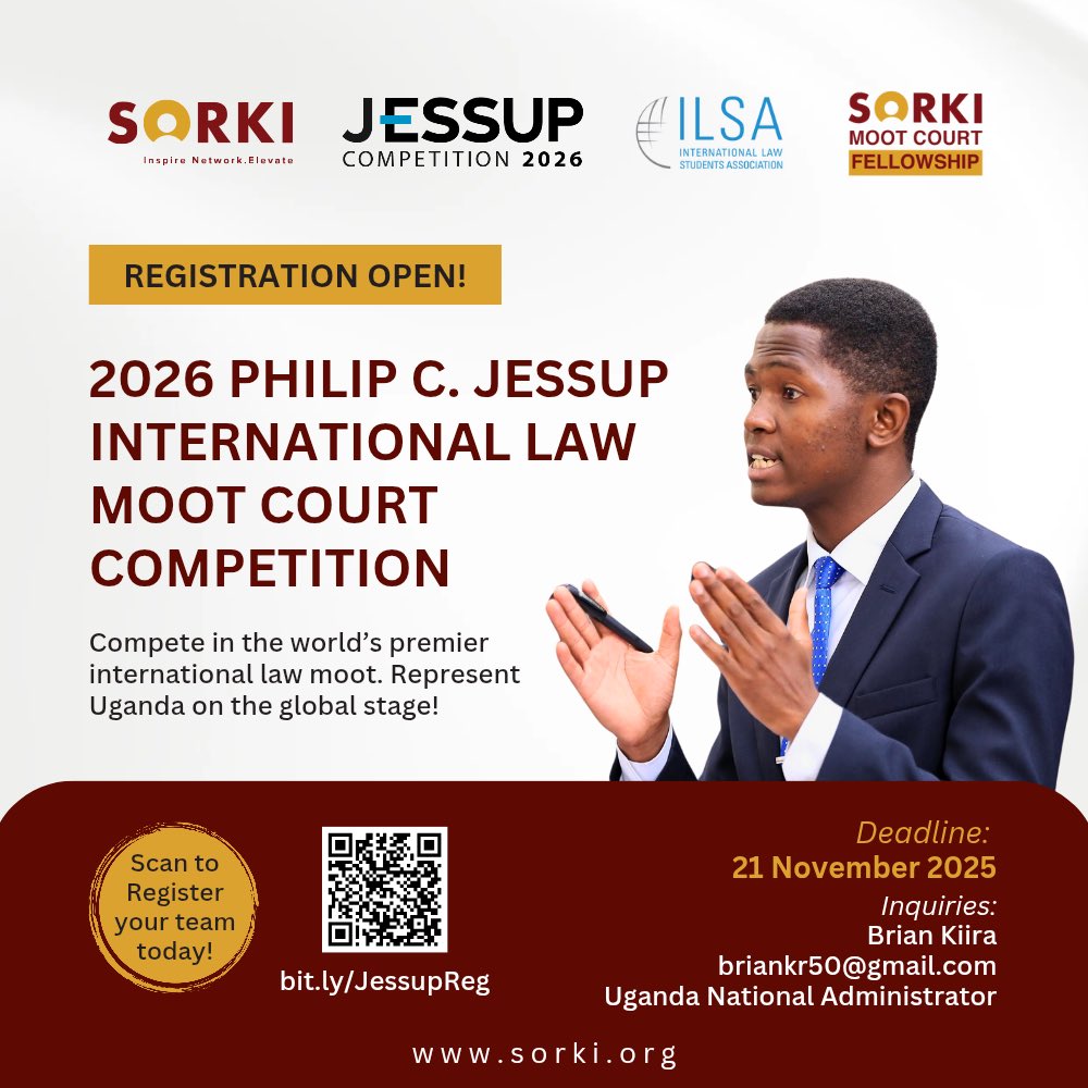 SORKI Initiative (@sorkiinitiative) on Twitter photo 📣📣The #Jessup2026 season is open & you can now register your law school to compete in the world’s largest moot.
Register: bit.ly/JessupReg
Uganda Rules Supplement: url-shortener.me/2RRN
Also visit: ilsa.org/jessup-2026/
<a href="/BrianKiira/">Kiira Waibi Tafadzwa</a> 📣📣The #Jessup2026 season is open & you can now register your law school to compete in the world’s largest moot.
Register: bit.ly/JessupReg
Uganda Rules Supplement: url-shortener.me/2RRN
Also visit: ilsa.org/jessup-2026/
<a href="/BrianKiira/">Kiira Waibi Tafadzwa</a>