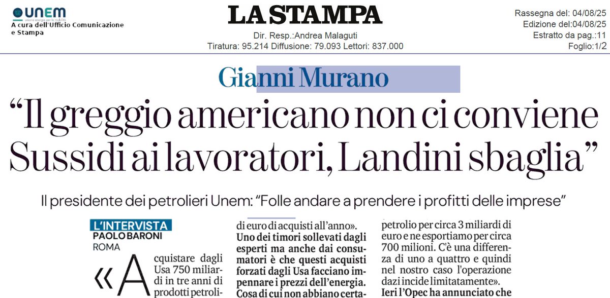 "Il greggio americano non ci conviene".
L'intervista di <a href="/paoloxbaroni/">paolo baroni</a> <a href="/LaStampa/">La Stampa</a> al presidente #UNEM Gianni Murano.
Leggi l'intervista completa
👇
unem.it/wp-content/upl…
