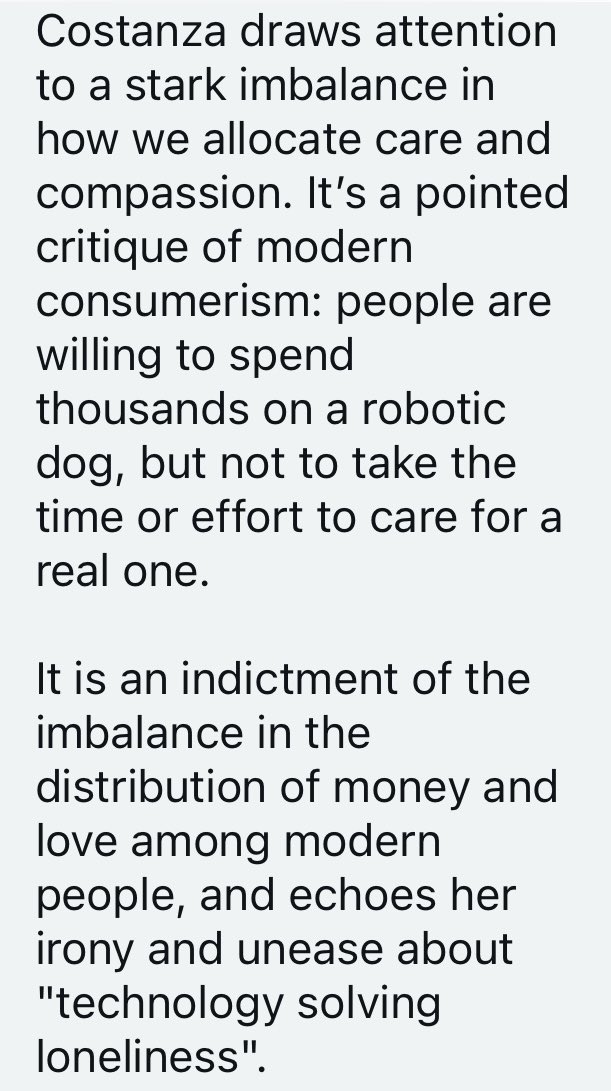 Interesting. A good friend asked Chat-kun (aka ChatGPT) to comment on my 2019 essay on pet robots and our ever-growing selfishness and lack of compassion. This is what came out. You can read my essay, from my Corriere della Sera “Milo &amp; me” column, here corriere.it/animali/18_ott…