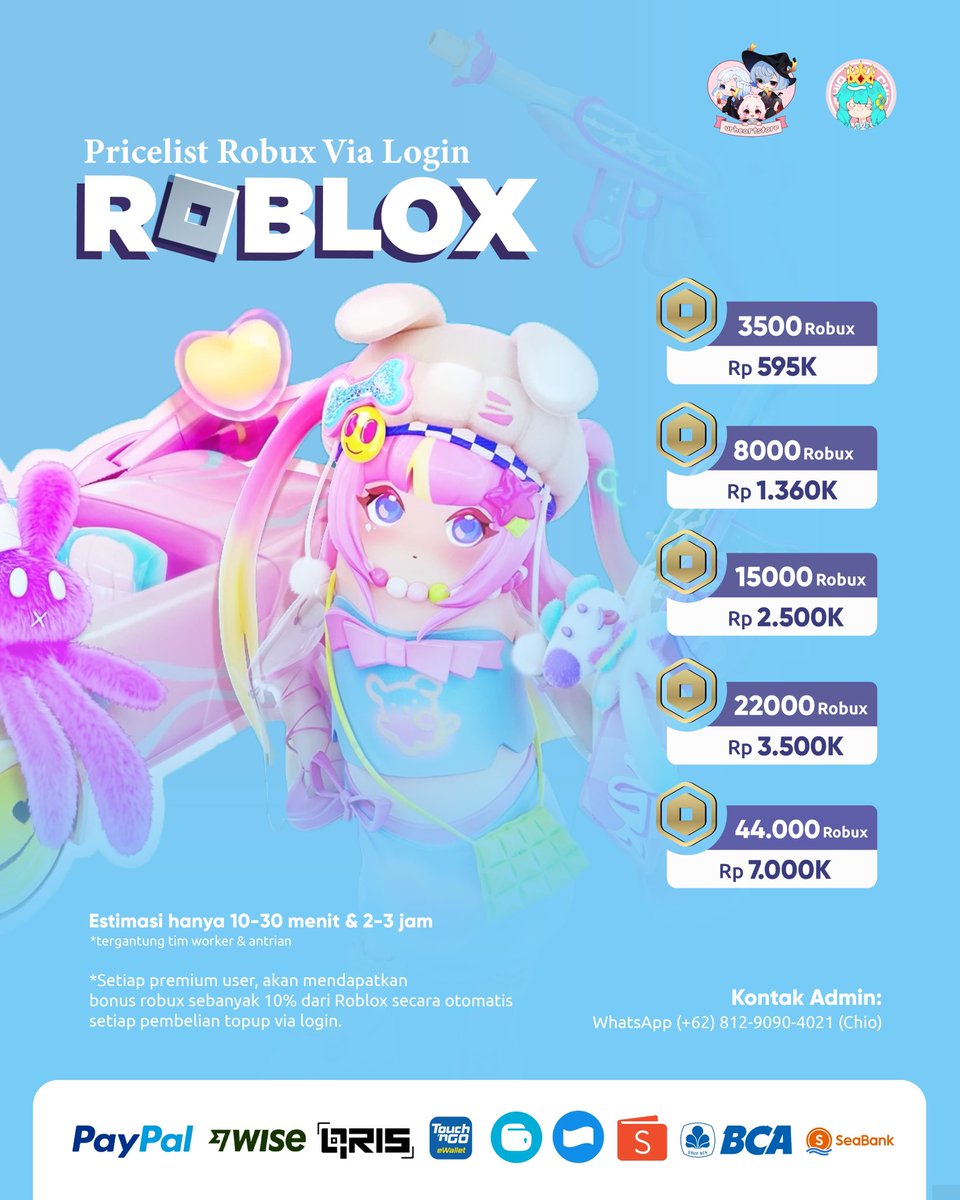 chio_store's tweet image. *Pricelist Robux Via Gamepass*

hari ini, lagi di pl 15k per 100r paytax

100r 15K
200r 30K
300r 45K
400r 60K
500r 75K
600r 90K
700r 105K
800r 120K
900r 135K
1000r 150K
.
1100r 165K
1500r 225K
2000r 300K
Dst

#ROBLOX #topuproblox #roblox