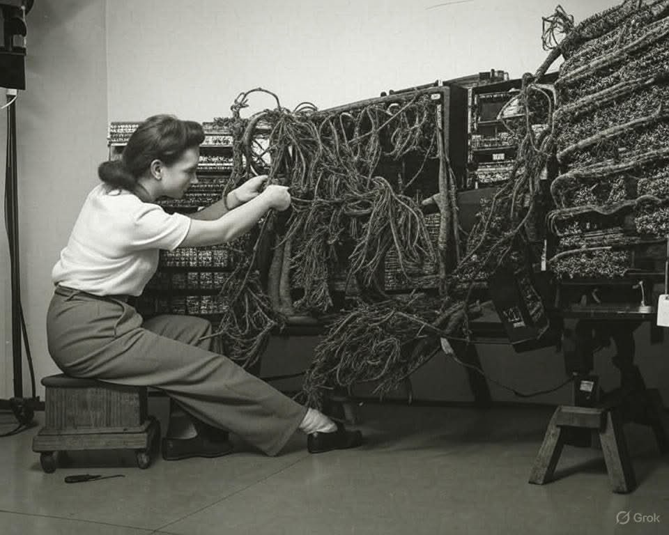 Fotografía de una ingeniera cableando una de las primeras computadoras IBM, 1958.
¡Qué python, ni qué python!