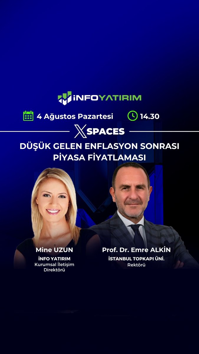 İnfo Yatırım Menkul Değerler (@infoyatirim) on Twitter photo 14.30'da X Spaces yayınımız başlıyor!
Kurumsal İletişim Direktörümüz Mine Uzun <a href="/mneuzunyol/">Mine Uzun 🦋</a> , İstanbul Topkapı Üniversitesi Rektörü Prof. Dr. Emre Alkin <a href="/emrealkin1969/">emre alkin</a> ile #enflasyon verisi sonrası piyasalar hakkında konuşacak.
🗓️ 4 Ağustos Pazartesi
⏰ 14.30
📍 X Spaces 14.30'da X Spaces yayınımız başlıyor!
Kurumsal İletişim Direktörümüz Mine Uzun <a href="/mneuzunyol/">Mine Uzun 🦋</a> , İstanbul Topkapı Üniversitesi Rektörü Prof. Dr. Emre Alkin <a href="/emrealkin1969/">emre alkin</a> ile #enflasyon verisi sonrası piyasalar hakkında konuşacak.
🗓️ 4 Ağustos Pazartesi
⏰ 14.30
📍 X Spaces