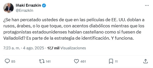 No estoy yo interesado en señalar (vive y deja vivir), pero intuyo que este señor no se ha fijado que en 'Los Goonies' en 🇪🇸 la asistenta habla en italiano porque en la VO lo hacía en castellano. O que los personajes 🇫🇷 siempre hablan con acento. Se llama recursos de doblaje.
