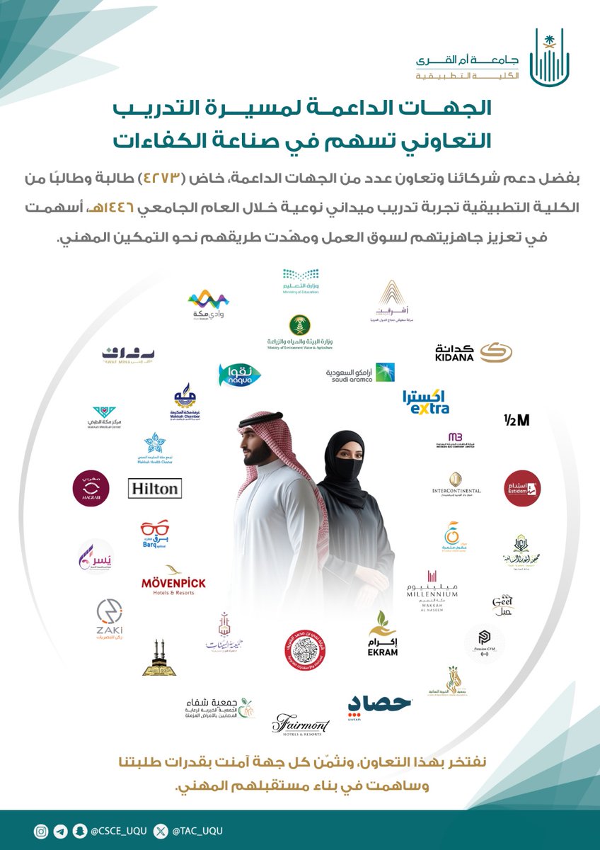 الكلية التطبيقية - UQU (@tac_uqu) on Twitter photo ✨نفخر ونشكر 
شركاءنا والجهات الداعمة التي أسهمت في تدريب (٤٢٧٣) طالبة وطالبًا من الكلية التطبيقية خلال العام الجامعي ١٤٤٦هـ.
تجربة ميدانية نوعية عزّزت جاهزية الطلبة ومهّدت طريقهم نحو التمكين المهني.
#الكلية_التطبيقية
#جامعة_أم_القرى ✨نفخر ونشكر 
شركاءنا والجهات الداعمة التي أسهمت في تدريب (٤٢٧٣) طالبة وطالبًا من الكلية التطبيقية خلال العام الجامعي ١٤٤٦هـ.
تجربة ميدانية نوعية عزّزت جاهزية الطلبة ومهّدت طريقهم نحو التمكين المهني.
#الكلية_التطبيقية
#جامعة_أم_القرى