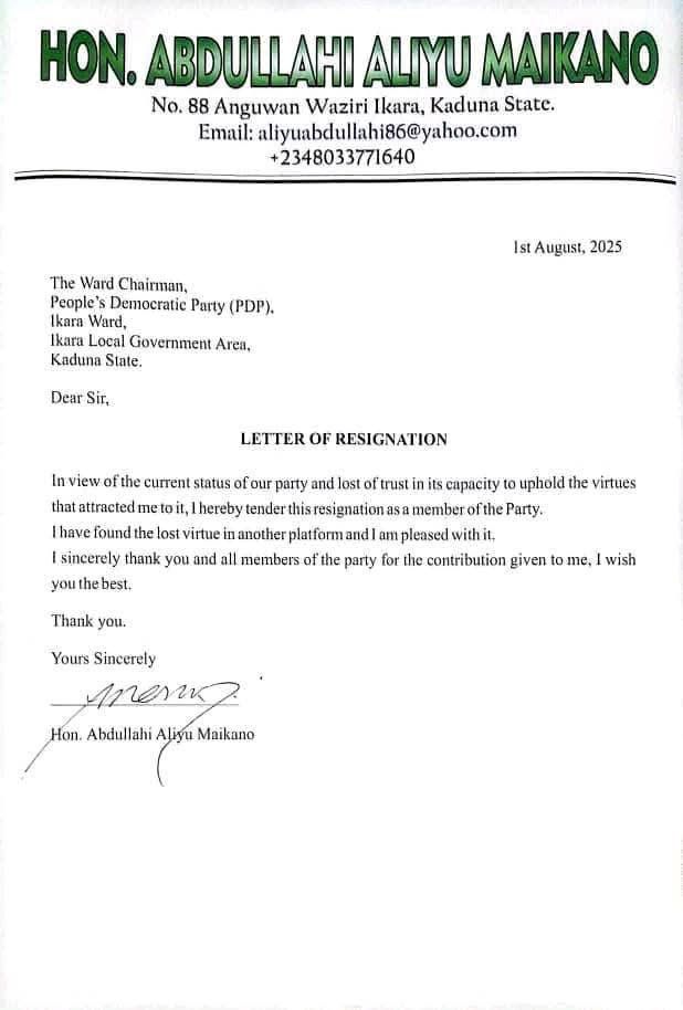 BREAKING: The Leader of PDP in the Northern senatorial district of Kaduna State, Hon Abdullahi Aliyu Maikano, has officially resigned from PDP and pitched his tent with the ADC coalition.