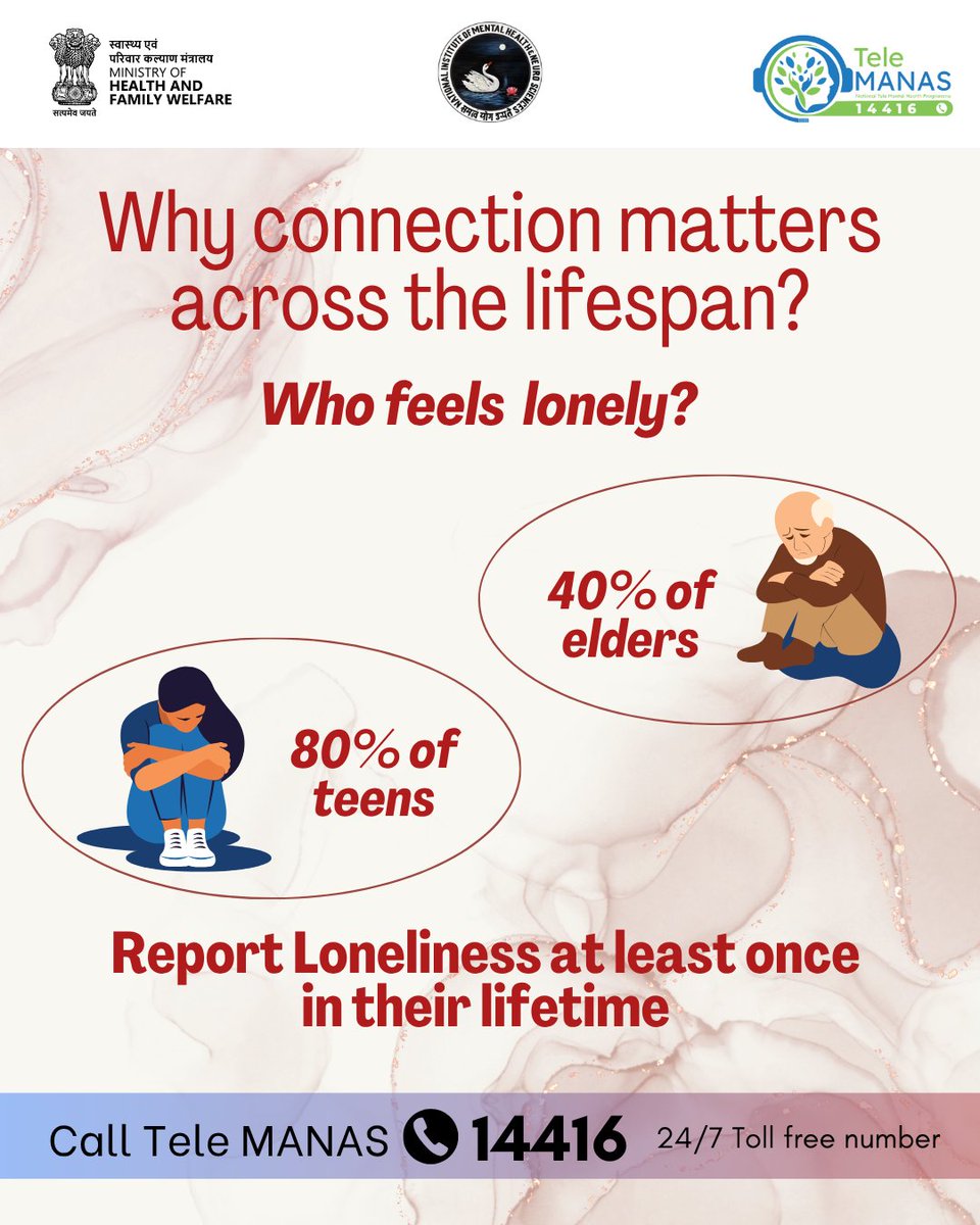 TeleMANAS_Apex's tweet image. Loneliness doesn’t spare age.
40% of elders and 80% of teens say they’ve felt lonely at some point.
Whether it’s your grandparent or your teenager — a simple check-in can make a world of difference.

Mental health matters across all ages.
If you’re struggling, Tele MANAS is just…