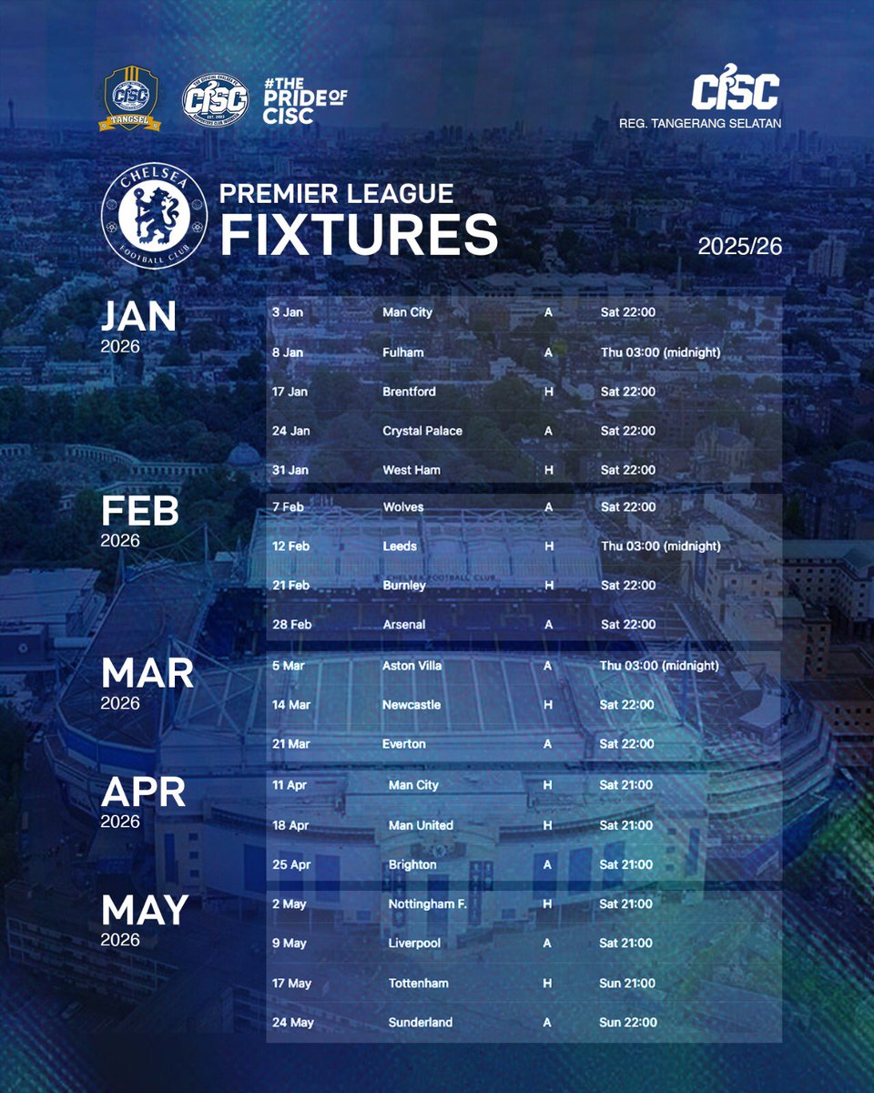 Jadwal pertandingan Chelsea di EPL pada season 2025/2026 ini, siap-siap dukung tim kesayangan 💙

#theprideofCISC #ChelseaIndo