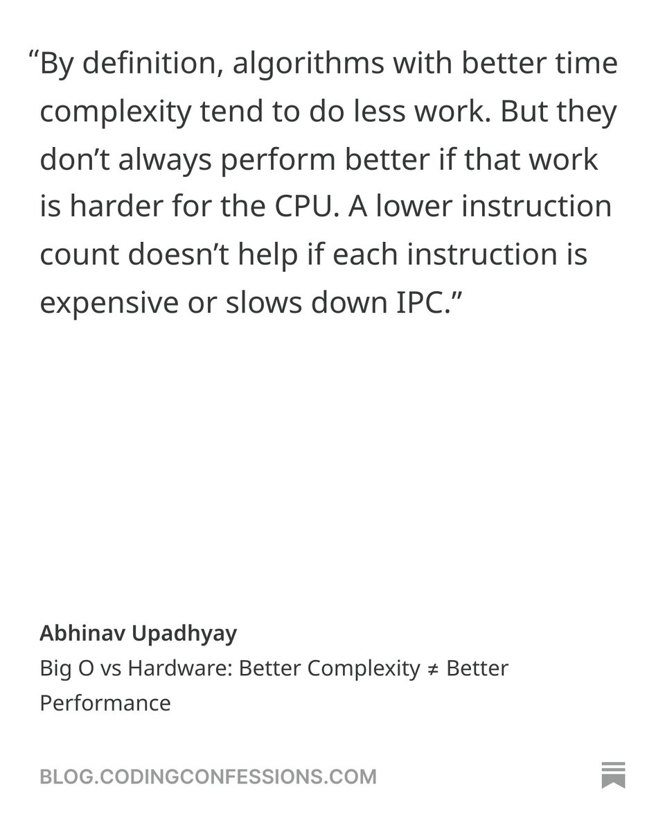 abhi9u's tweet image. People learn algorithms to crack interviews but very few actually get a chance to implement them because most of these are already implemented in libraries.
Knowing the theoretical bounds of the algorithms is just the starting point. If you ever look inside these…