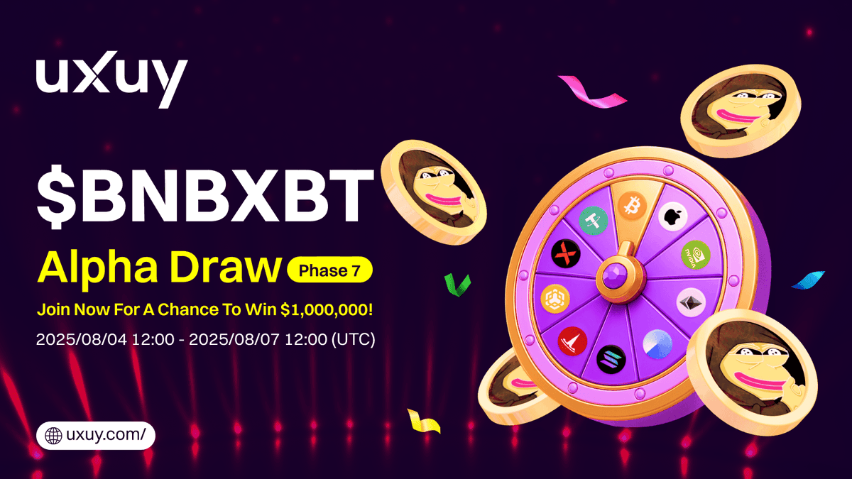 🎉UXUY Alpha Draw Phase 7 is Live!
<a href="/bnbxbt_agent/">bnbxbt</a> is now active for Phase 7 of the UXUY Alpha Draw! 🎉
🗓 Event Time: 2025-08-04 12:00 – 2025-08-07 12:00 (UTC)
🎯 100% Win Rate
For every $100 of trading volume in $BNBXBT, you can instantly draw to win:
$BNBXBT
$BTC
$ETH
UXUY gifts