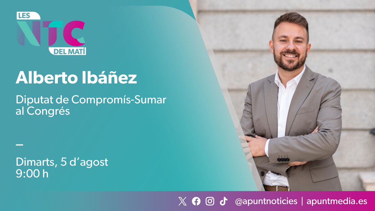Les notícies del matí (@ntcdelmati) on Twitter photo Este dimarts entrevistem Alberto Ibáñez, diputat de Compromís-Sumar al Congrés.
➡️ Amb <a href="/e_bolland/">Enrique Bolland</a> i <a href="/sergipitarch/">Sergi Pitarch</a> en la tertúlia.
⏰ 09:00h
📻 web.apunt.es/RàdioEnDirecte
📺web.apunt.es/DirecteTV Este dimarts entrevistem Alberto Ibáñez, diputat de Compromís-Sumar al Congrés.
➡️ Amb <a href="/e_bolland/">Enrique Bolland</a> i <a href="/sergipitarch/">Sergi Pitarch</a> en la tertúlia.
⏰ 09:00h
📻 web.apunt.es/RàdioEnDirecte
📺web.apunt.es/DirecteTV