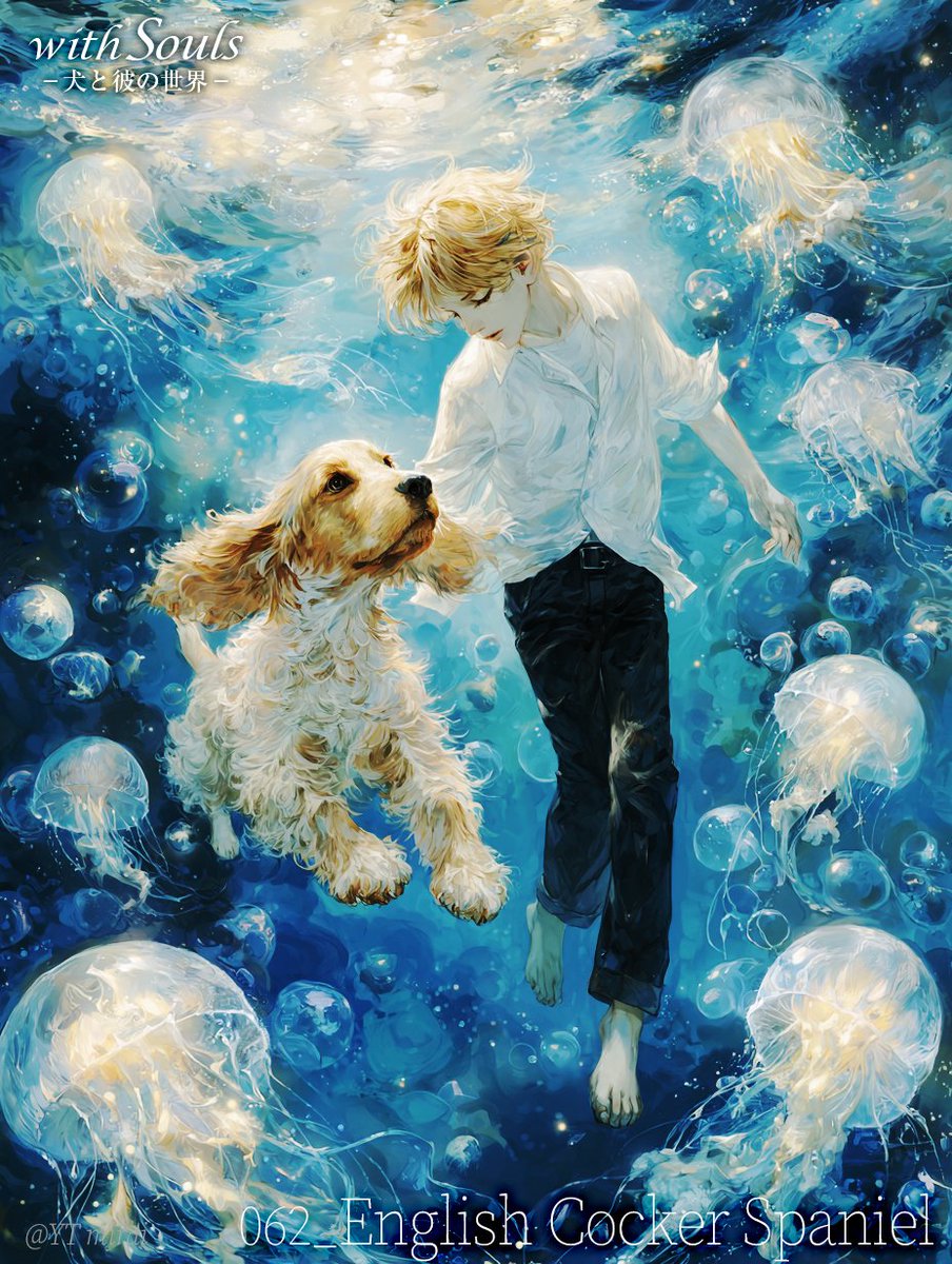 YT_miraii's tweet photo. 【with Souls 62:English Cocker Spaniel】
💫ぼくらはただ、海の光に漂っていた
クラゲの光に包まれた、静かなまなざし。
少年と犬、輪郭ごと淡く溶けていく──
#withSouls #犬と彼の世界 #AIイラスト #AI男子 #AIboy
#EnglishCockerSpaniel #イングリッシュコッカースパニエル #AIdog #幻想的 https://t.co/nacanBwAAR