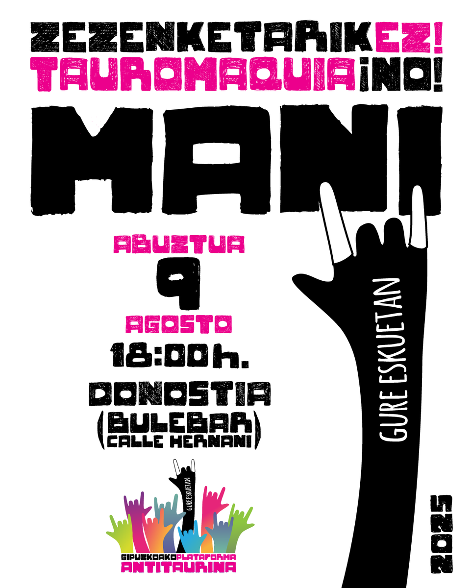 🚫🐂 ¡Gipuzkoa dice NO a la tauromaquia!

Desde el @partidopacma nos adherimos a la plataforma Gipuzkoa Antitaurina este sábado:

📅 9 de agosto
🕕 18:00 h
📍 Donostia – Bulevar / Calle Hernani

Salimos a la calle para alzar la voz contra la barbarie de la tauromaquia. En pleno