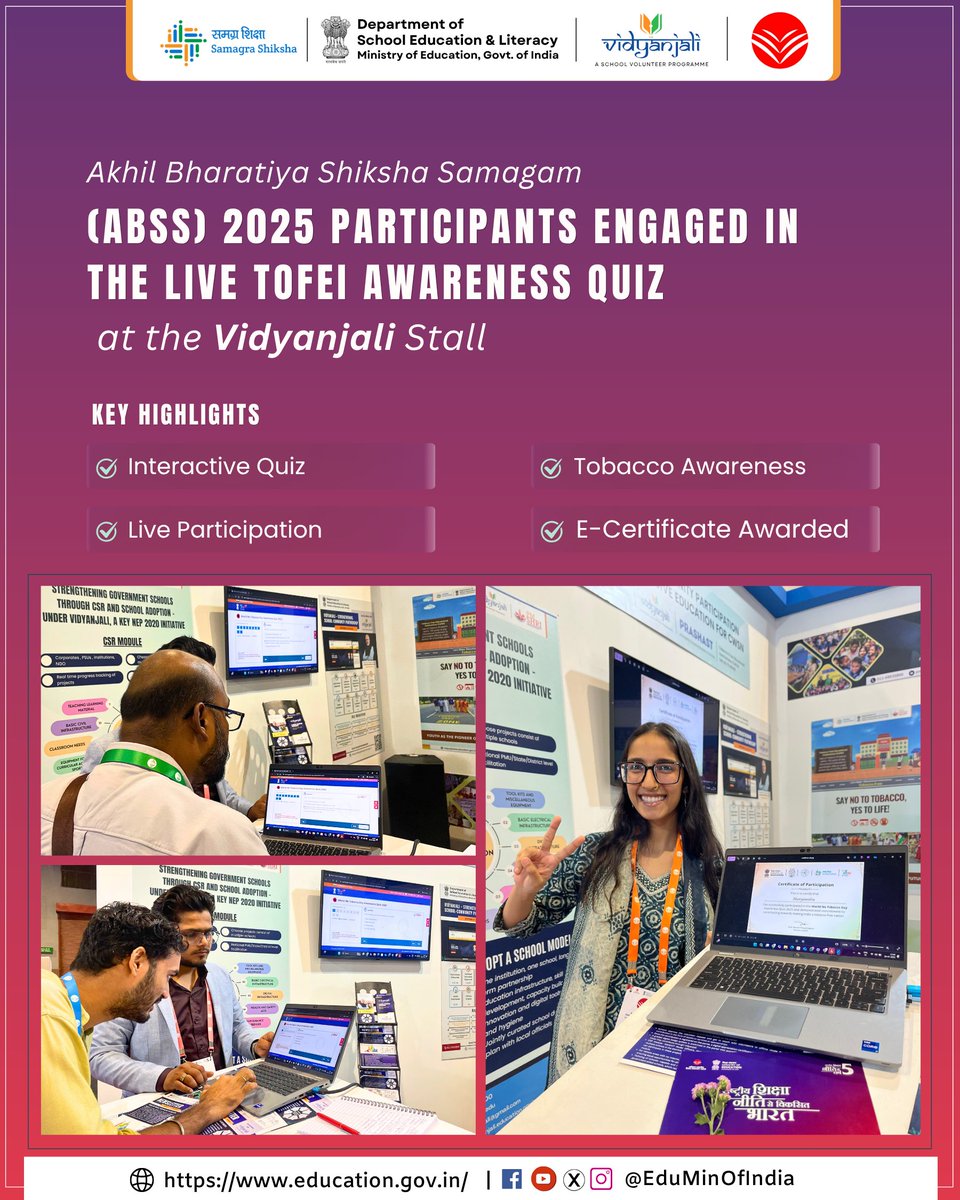 vidyanjali_edu's tweet photo. 🎯 Engagement in Action at #ABSS 2025!
At the #Vidyanjali stall, a Live #ToFEI Awareness #Quiz was organized to creatively engage visitors and promote the message of #TobaccoFree Educational Institutions (ToFEI). https://t.co/o2zmbtioFD