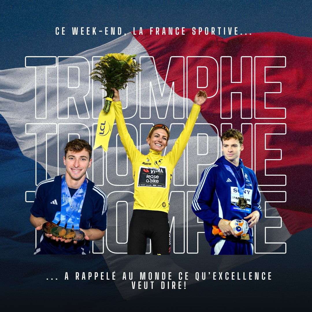 Ce week-end, la France a frappé fort 💪

Des victoires historiques au Tour de France et aux Mondiaux de Singapour : une démonstration d’excellence, de panache et de résilience.

Une énergie qui porte haut nos couleurs. 🇫🇷 ✨