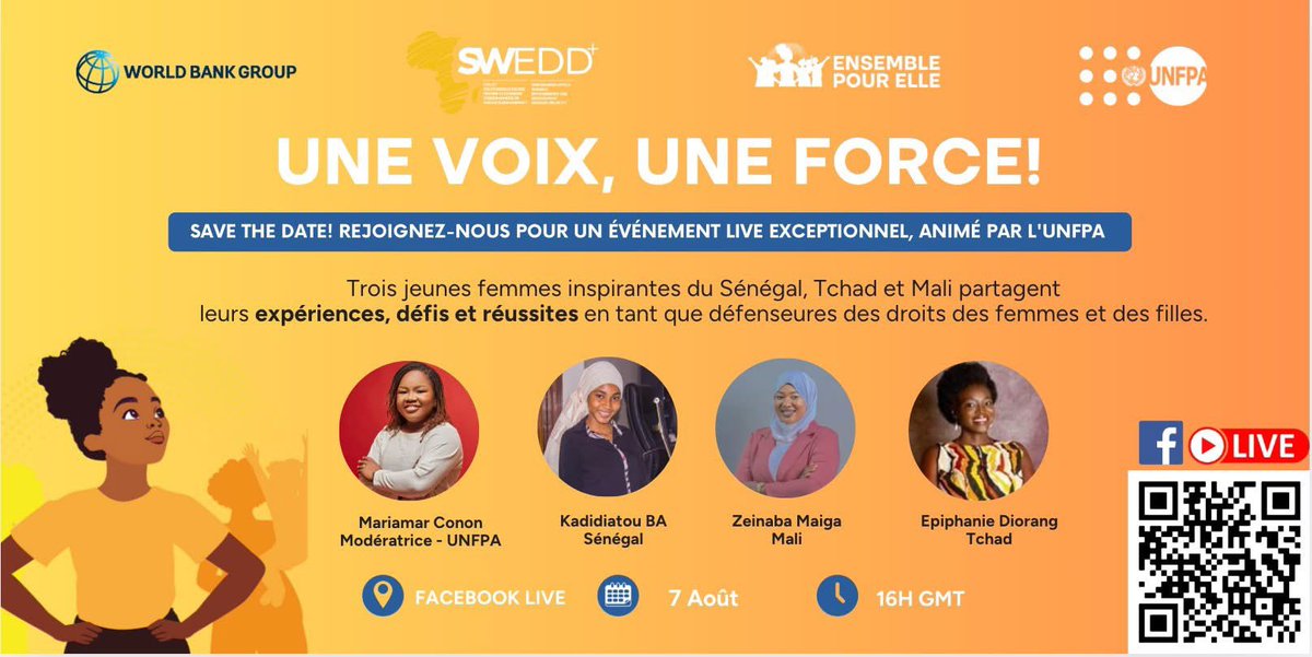 📣 Le 7 août à 16h GMT, je modère #GirlsTalk, un Facebook Live organisé par le programme #SWEDD+ dans le cadre de la campagne #EnsemblePourElle 
Nous parlerons de luttes, réussites et défis pour les droits des filles💪🏾

Rejoignez-nous !

📍Facebook <a href="/swedd_africa/">SWEDD Africa</a>  
#TogetherForHer