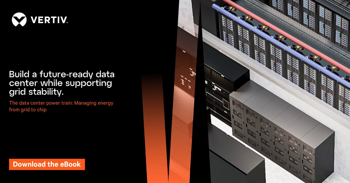 Vertiv's tweet image. With some areas reaching over 10% of grid load, read our e-book to know how power train innovations like grid-interactive UPS systems are facilitating grid stability and business growth: ms.spr.ly/6010ShtF6

#UPSSystems #PowerSystems #HighDensity #DataCenter #AI