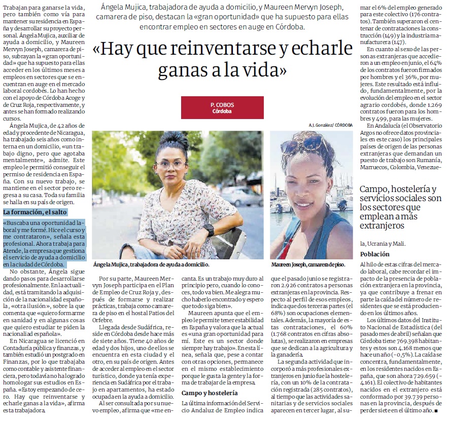 Nuestra compañera Ángela, trabajadora del Servicio de de Ayuda a Domicilio del <a href="/ayuncordoba_es/">Ayuntamiento Córdoba</a> ha participado en un reportaje de <a href="/cordoba/">Diario CÓRDOBA</a> en el que cuenta como, gracias a la formación, ha conseguido un trabajo estable en <a href="/Atende_/">Atende_</a> y reinventado la vida que tenía en Nicaragua: